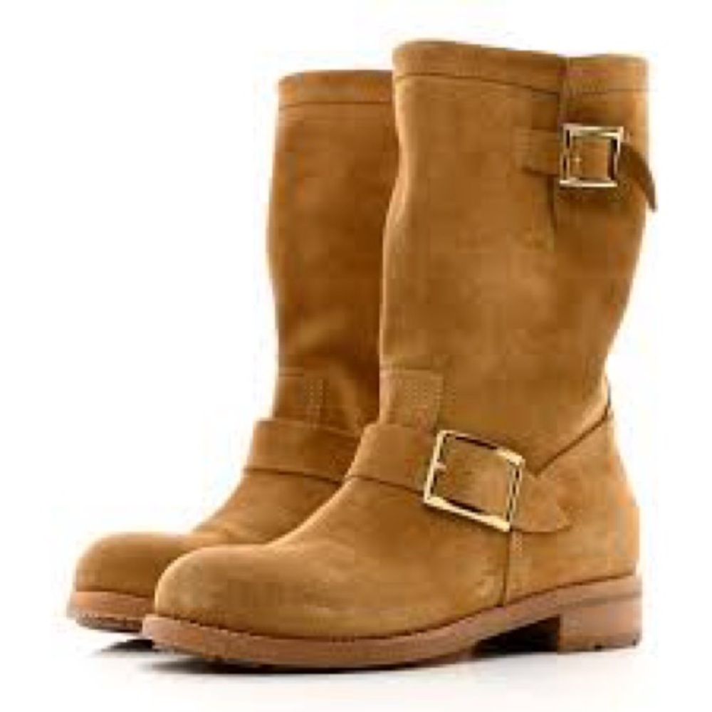 Jimmy Choo Tan Combat Moto Boots with Gold Buckles Authentic